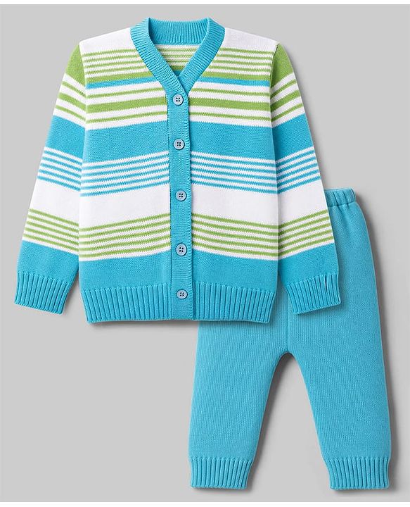 Babyhug Knit Full Sleeves Striped Sweater Set - Limegreen