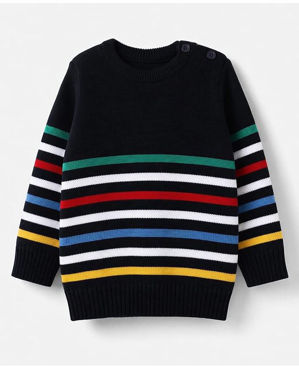 Babyhug Knit Full Sleeves Sweater Set with Striped Design - Navy Blue