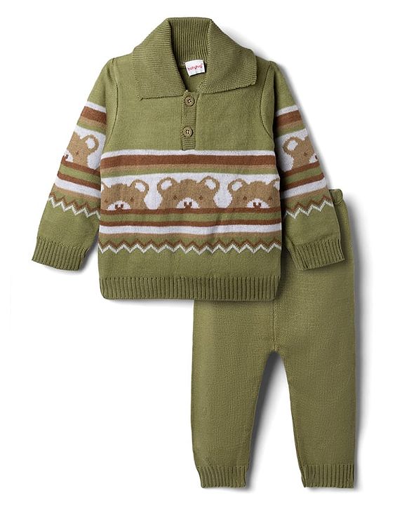 Babyhug Knit Full Sleeves Sweater Set With Bear Design - Olive Green