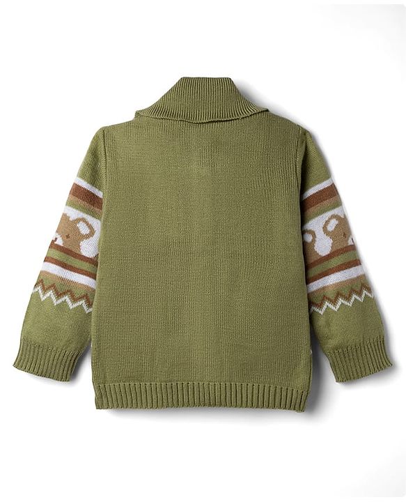 Babyhug Knit Full Sleeves Sweater Set With Bear Design - Olive Green