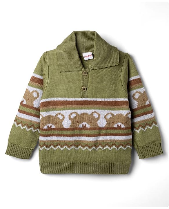 Babyhug Knit Full Sleeves Sweater Set With Bear Design - Olive Green