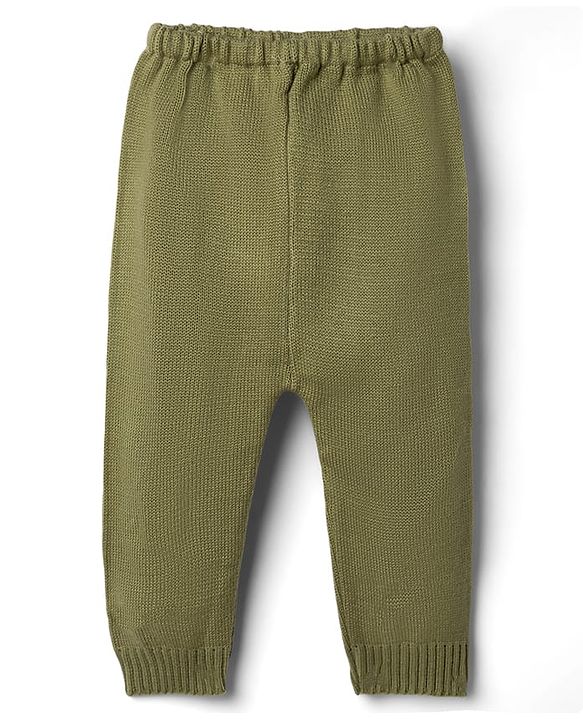 Babyhug Knit Full Sleeves Sweater Set With Bear Design - Olive Green