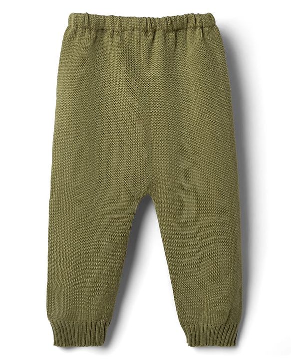 Babyhug Knit Full Sleeves Sweater Set With Bear Design - Olive Green