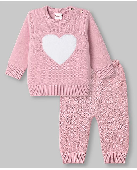 Babyhug Knit Full Sleeves Baby Sweater Set with Heart Design - Red