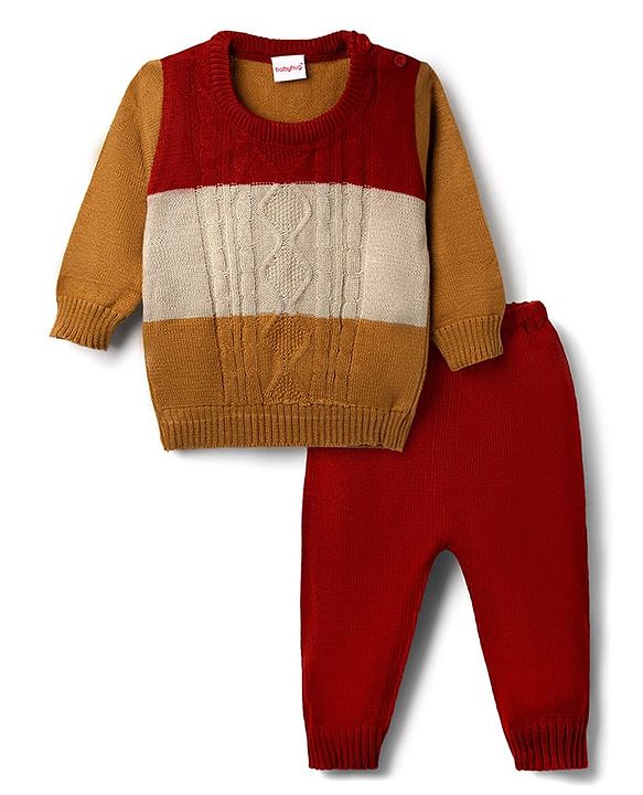 Babyhug Knit Full Sleeves Sweater Set With Cable Knit Design - Maroon
