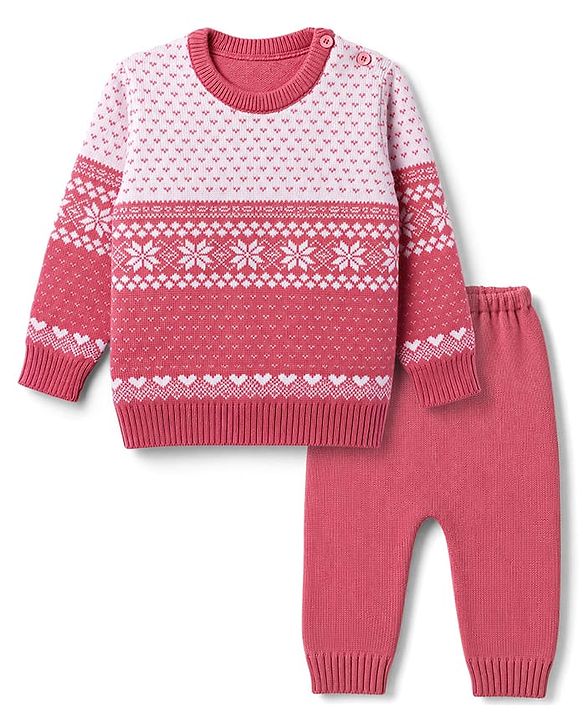 Babyhug Knit Full Sleeves Floral & Heart Design Sweater Set - Red