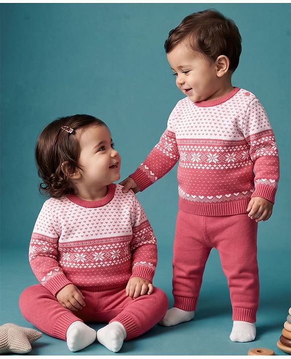 Babyhug Knit Full Sleeves Floral & Heart Design Sweater Set - Red