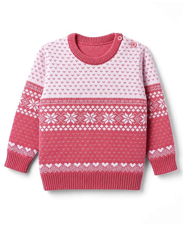 Babyhug Knit Full Sleeves Floral & Heart Design Sweater Set - Red