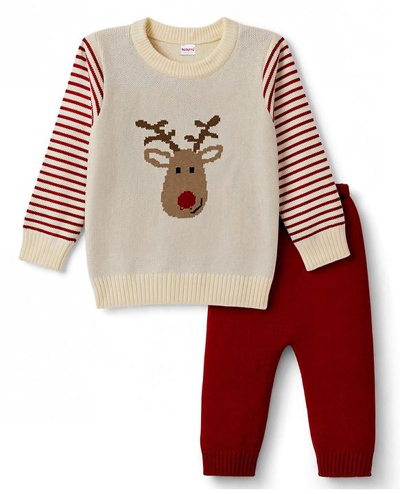 Babyhug Knit Full Sleeves Striped & Reindeer Designed Sweater Set - Cream