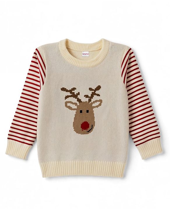 Babyhug Knit Full Sleeves Striped & Reindeer Designed Sweater Set - Cream