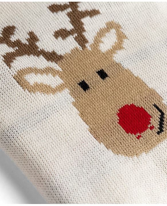Babyhug Knit Full Sleeves Striped & Reindeer Designed Sweater Set - Cream