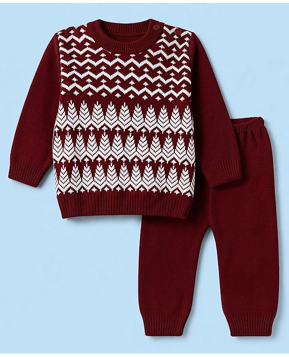 Babyhug Knit Full Sleeves Sweater Set with Abstract Design - Dark Red