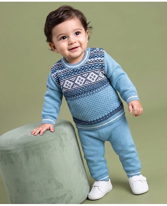 Babyhug Knit Full Sleeves Argyle Design Sweater Set - Light Blue