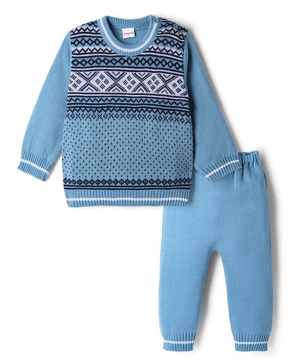 Babyhug Knit Full Sleeves Argyle Design Sweater Set - Light Blue