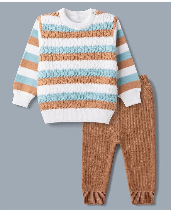 Babyhug Knit Full Sleeves Striped Sweater Set - Rust Orange