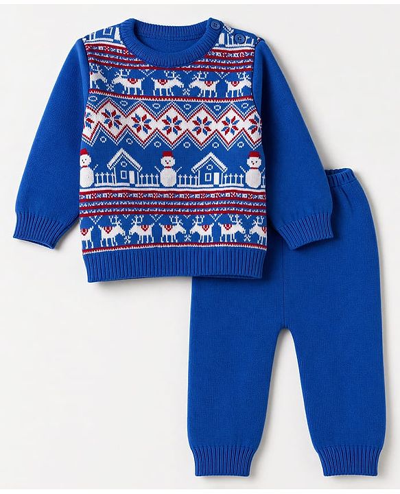 Babyhug Knit Full Sleeves Sweater Set With Floral Design - Light Blue
