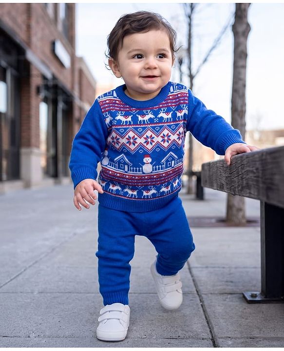 Babyhug Knit Full Sleeves Sweater Set With Floral Design - Light Blue