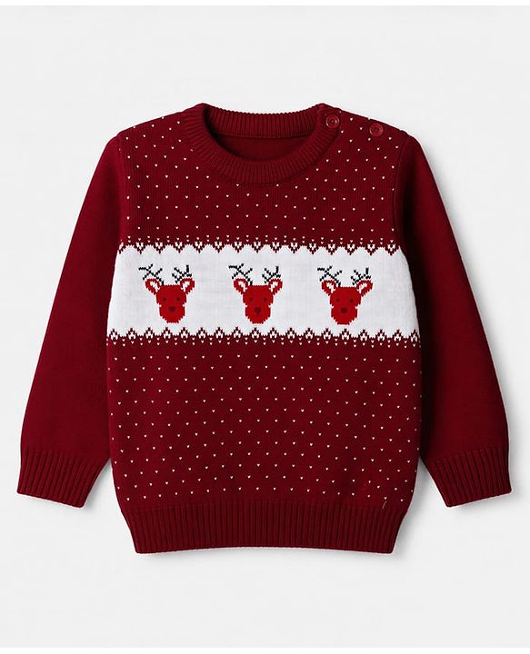 Babyhug Knit Full Sleeves Sweater Set with Heart & Christmas Theme Design - Red