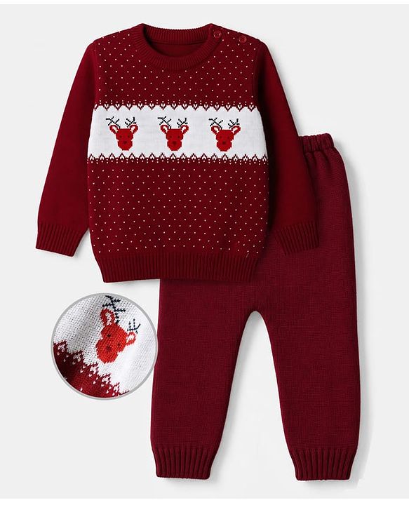 Babyhug Knit Full Sleeves Sweater Set with Heart & Christmas Theme Design - Red