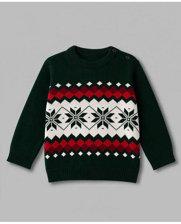 Babyhug Knit Full Sleeves Sweater Set with Geometric Design - Dark Green