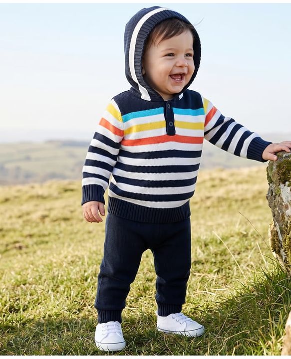 Babyhug Knit Full Sleeves Striped Hooded Sweater Set - Navy Blue