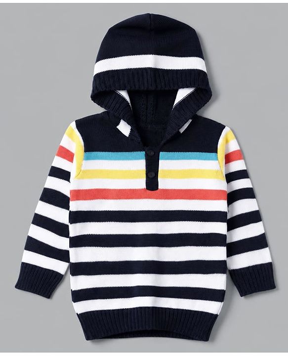 Babyhug Knit Full Sleeves Striped Hooded Sweater Set - Navy Blue