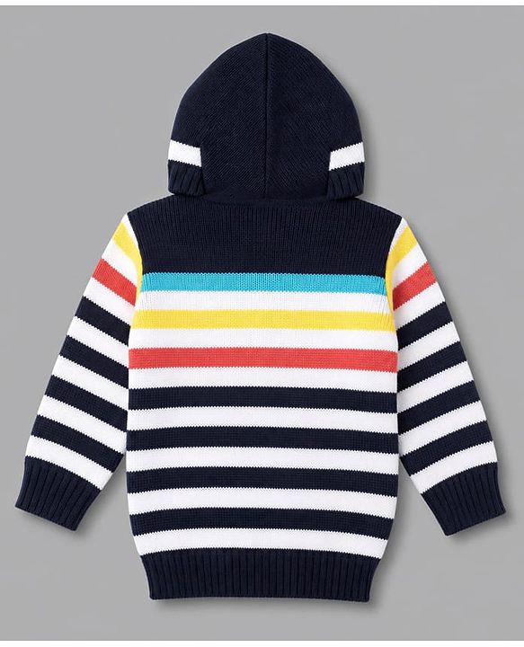 Babyhug Knit Full Sleeves Striped Hooded Sweater Set - Navy Blue