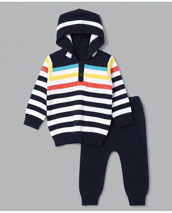 Babyhug Knit Full Sleeves Striped Hooded Sweater Set - Navy Blue