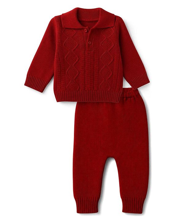 Babyhug Knit Full Sleeves Solid Sweater Set - Red