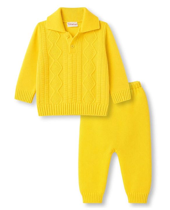 Babyhug Knit Full Sleeves Solid  Sweater Set - Yellow