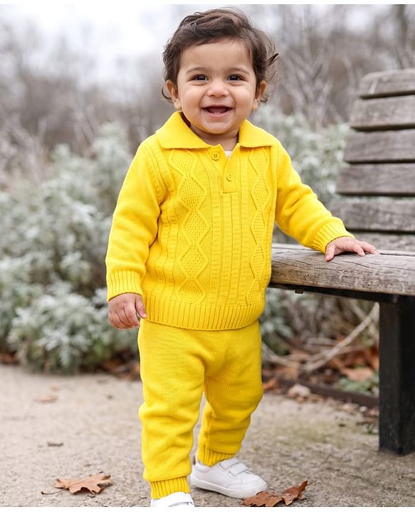 Babyhug Knit Full Sleeves Solid  Sweater Set - Yellow