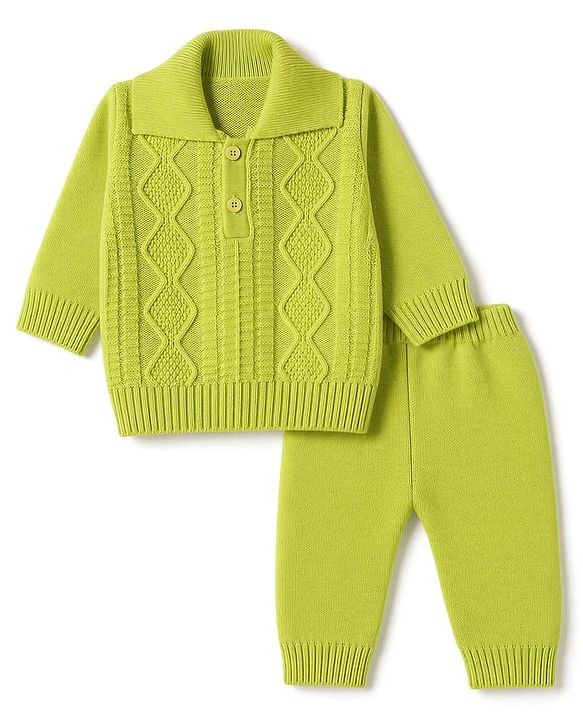Babyhug Knit Full Sleeves Sweater Set With Cable Knit Design - Lime Green