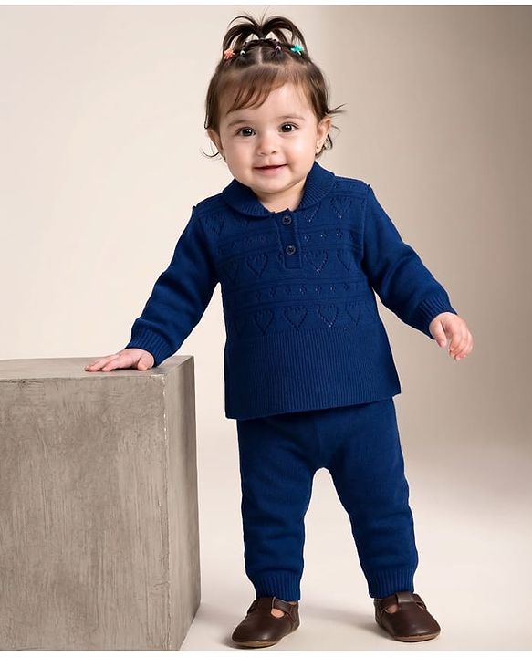 Babyhug Knit Full Sleeves Solid Colour Polo Neck Sweater Set - Navy Blue
