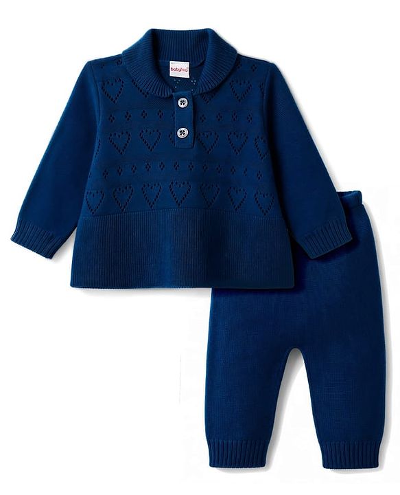 Babyhug Knit Full Sleeves Solid Colour Polo Neck Sweater Set - Navy Blue