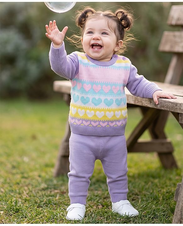 Babyhug Knit Full Sleeves  Sweater Set With Heart Design - Lavender