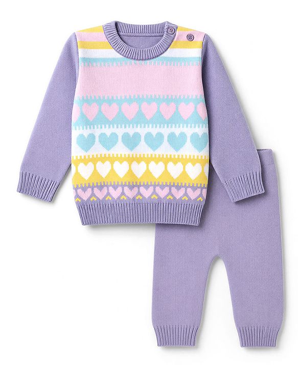 Babyhug Knit Full Sleeves  Sweater Set With Heart Design - Lavender