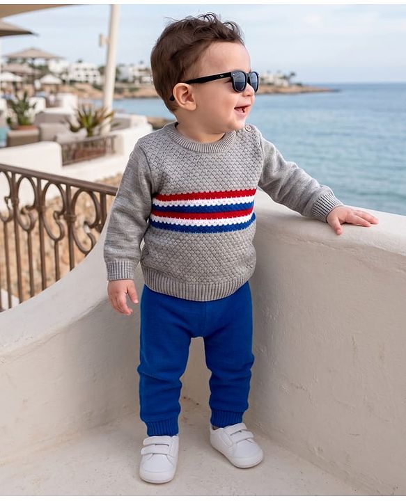 Babyhug Knit Full Sleeves Striped Sweater Set - Grey