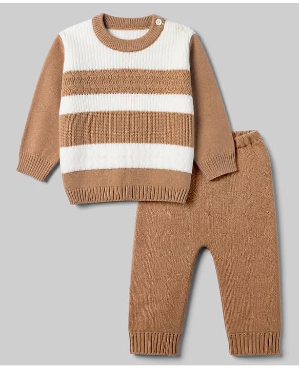 Babyhug Knit Pullover and Pant Sweater Set with Full Sleeves and Striped Pattern - Brown
