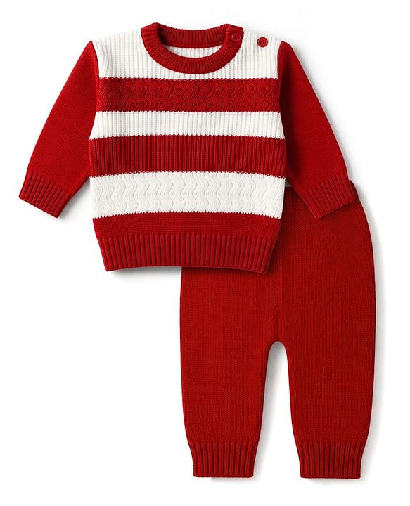Babyhug  Knit Full Sleeves Striped Sweater Set - Rust Orange