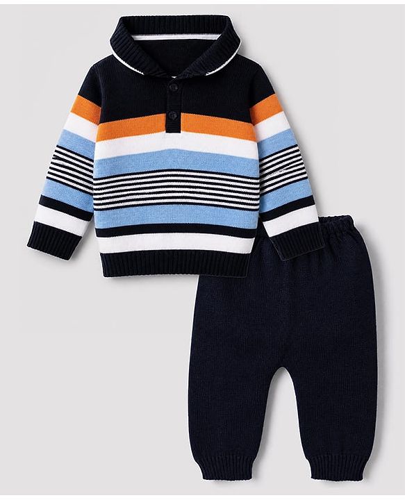 Babyhug Knit Full Sleeves Sweater Set With Full Length and Striped Design in Navy Blue