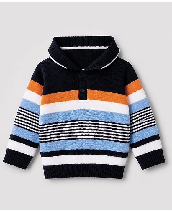 Babyhug Knit Full Sleeves Sweater Set With Full Length and Striped Design in Navy Blue