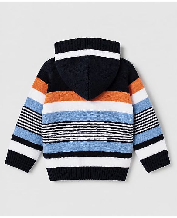 Babyhug Knit Full Sleeves Sweater Set With Full Length and Striped Design in Navy Blue