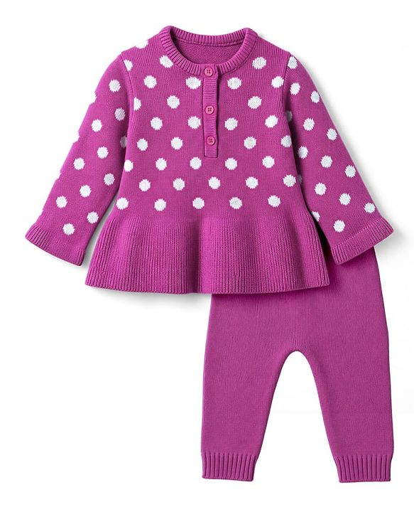 Babyhug Knit Full Sleeves Sweater Set with Polka Dots - Pink