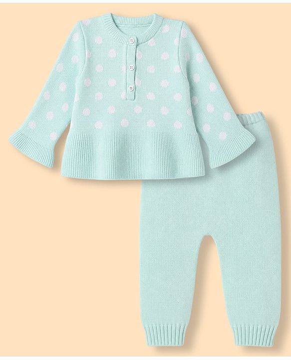 Babyhug Knit Full Sleeves Sweater Set with Polka Dots Design - Sea Green