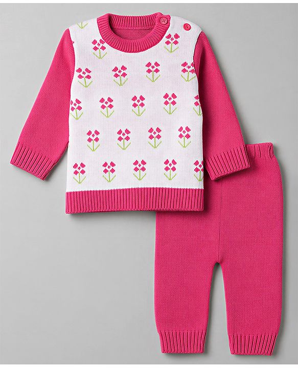 Babyhug Knit Full Sleeves Sweater Set with Floral Design - Pink