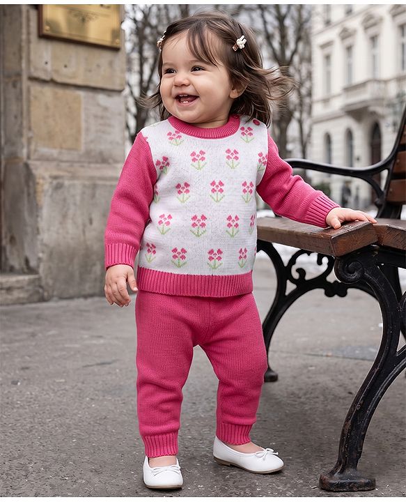 Babyhug Knit Full Sleeves Sweater Set with Floral Design - Pink