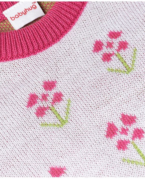 Babyhug Knit Full Sleeves Sweater Set with Floral Design - Pink