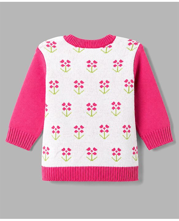 Babyhug Knit Full Sleeves Sweater Set with Floral Design - Pink