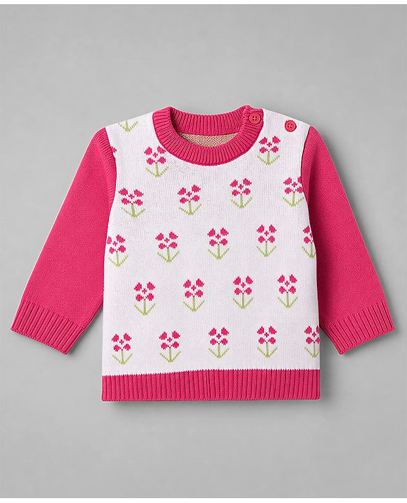 Babyhug Knit Full Sleeves Sweater Set with Floral Design - Pink