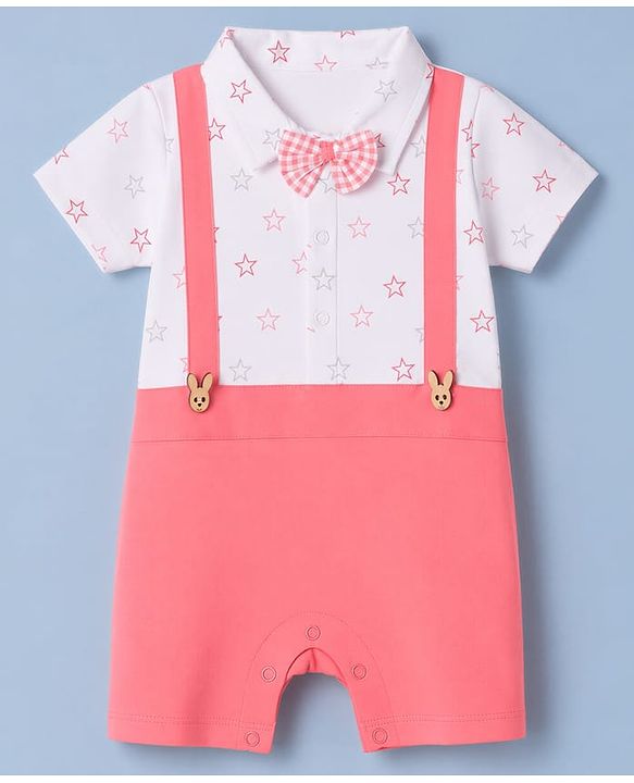 Babyhug 100% Cotton Interlock Knit Half Sleeves Romper With Star Print & Bow Applique - Pink